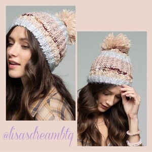 Multi Color Soft Plush Winter Beanie with Pom Pom - Blush Pink, Blue and Ivory